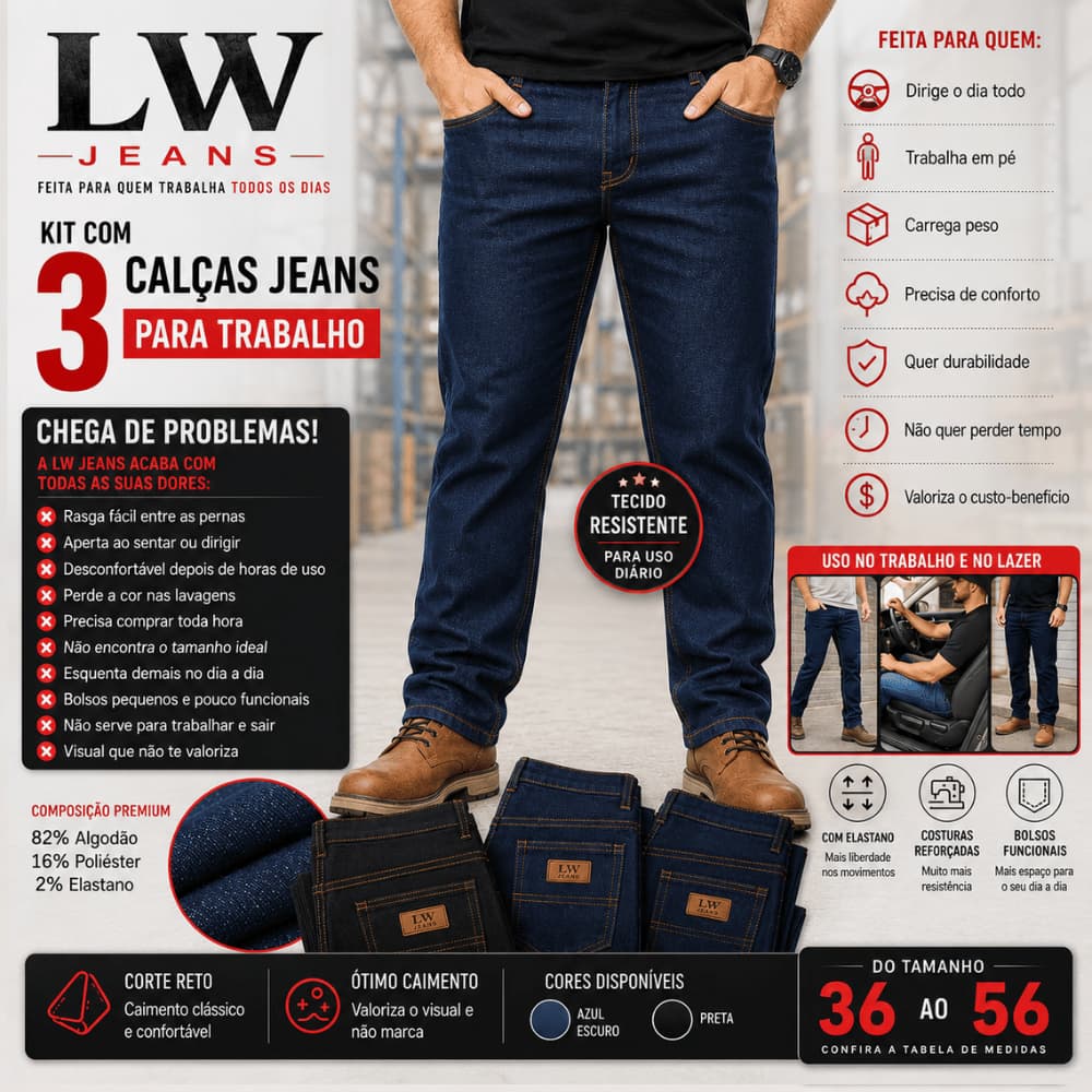 Kit 3 calça jeans masculina Azul e Preto – Country, Tradicional e Perfeita para Serviço Pesado