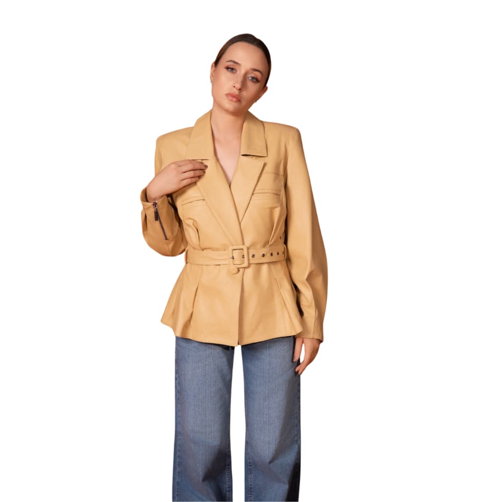 Blazer Feminino Acinturado Couro Legítimo Pelica Italiana Opion Amarelo com Cinto