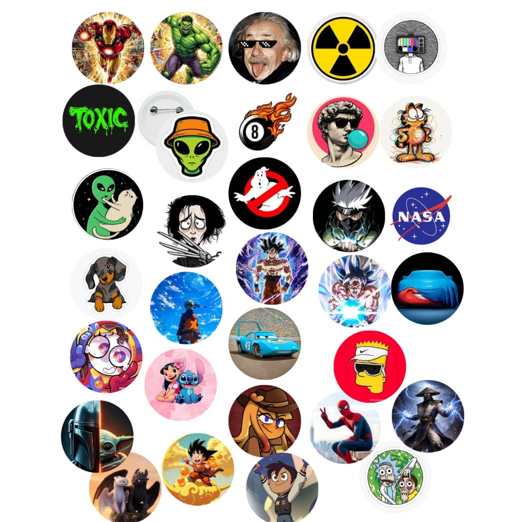 Kit 10 Bottons Personalizados 32mm Pins Botons - Catálogo Exclusivo Anime Filmes Memes Sortidos
