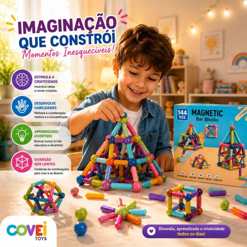 Blocos Magnéticos 128/144 Peças Magnetic Bar Blocks Educativo Infantil Com Ímãs Fortes