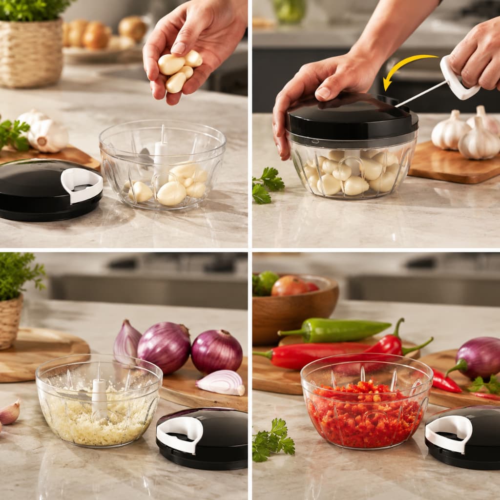 Processador Manual Triturador 500ml Grande 3 Lâminas para Legumes Verduras e Alimentos de Cozinha