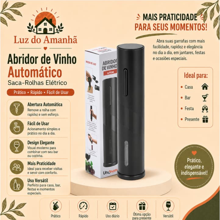 Abridor Vinho Automático Saca Rolhas Elétrico Prático Rápido Fácil Uso Bar Festa