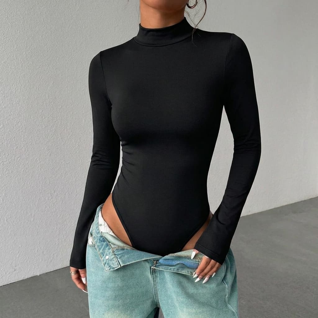 Body Feminino Cacharrel Manga Longa Gola Alta Suplex Premium Elegante Confortável Bory