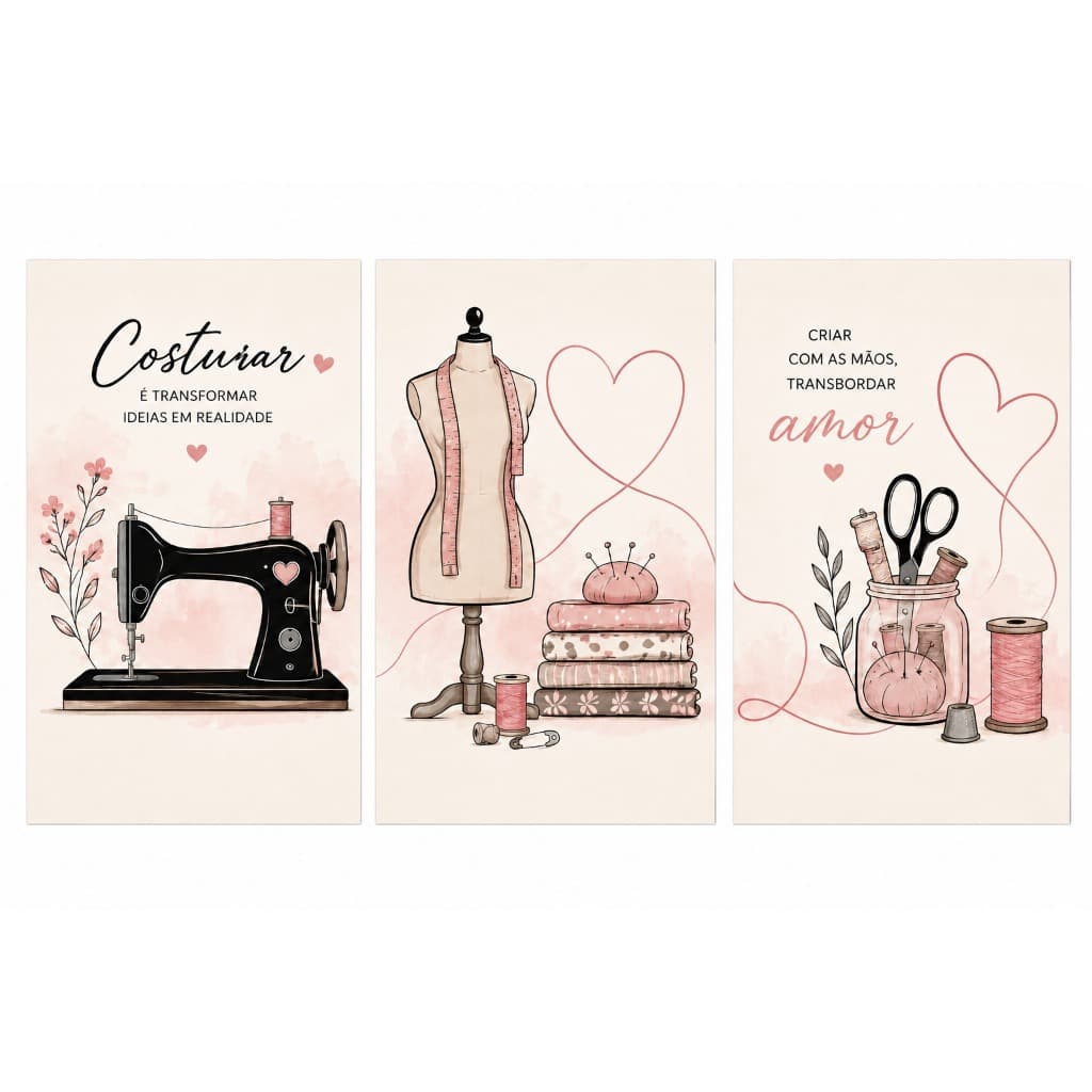 Quadro Decorativo Kit 3 Peças Costura Máquina de Costura e Manequim