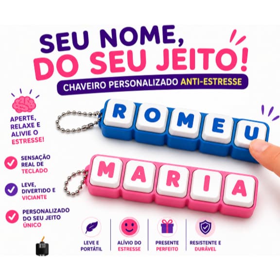 Chaveiro Nome Personalizado | Click Fidget Toy | Teclado Mecânico | Sensorial Antiestresse | TDAH | Várias Cores