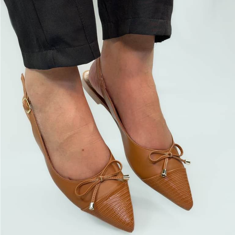 Sapatilha Slingback Feminina Marrom Bico Fino Rasteira Confortável com Laço Elegante