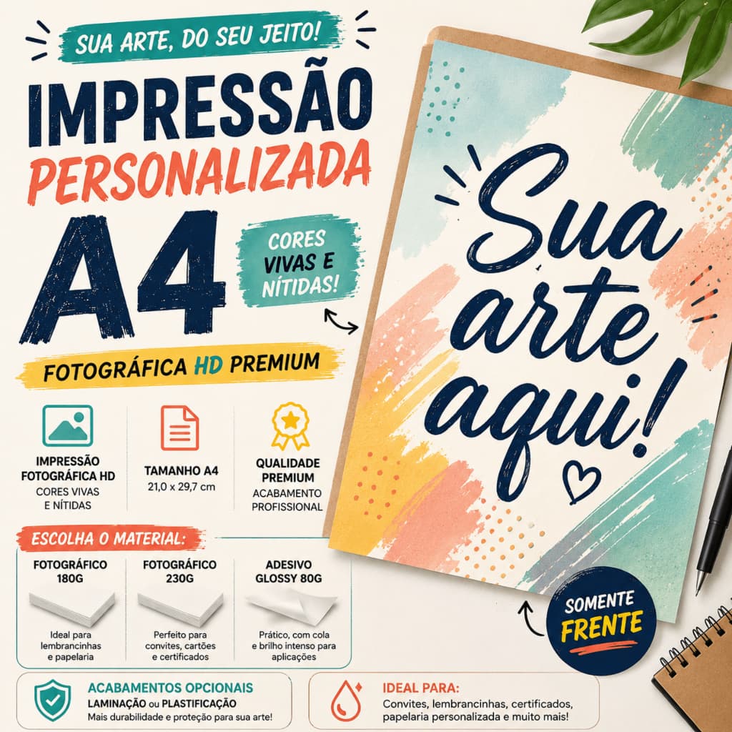Impressão A4 Fotográfica HD Premium 180g 230g – Papel Fotográfico ou Adesivo – Opção Adicional Laminado / Plastificado