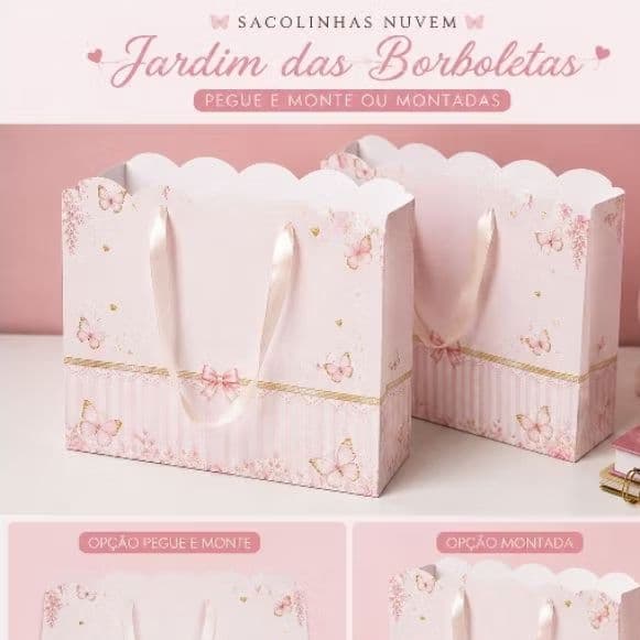Sacolinha Personalizada Nuvem Jardim Da Borboletas  rosa | Lembrancinha Festa Infantil