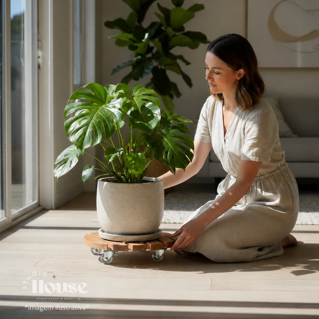 SUPORTE DE MADEIRA TAUARI PARA VASOS DE PLANTA 35 CM COM RODINHAS DE SILICONE GEL ACABAMENTO INOX