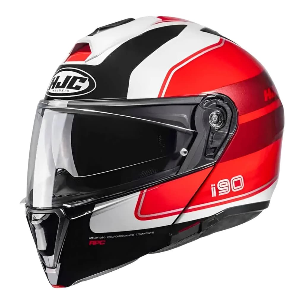 Capacete HJC i90 Wasco Vermelho Branco Preto Capacete Articulado Para Moto Com Viseira Solar Premium