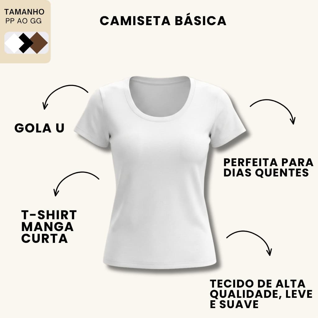 Blusa Gola U T-shirt Básica Premium Para o Dia a Dia Manga Curta Classica Moda Verão.