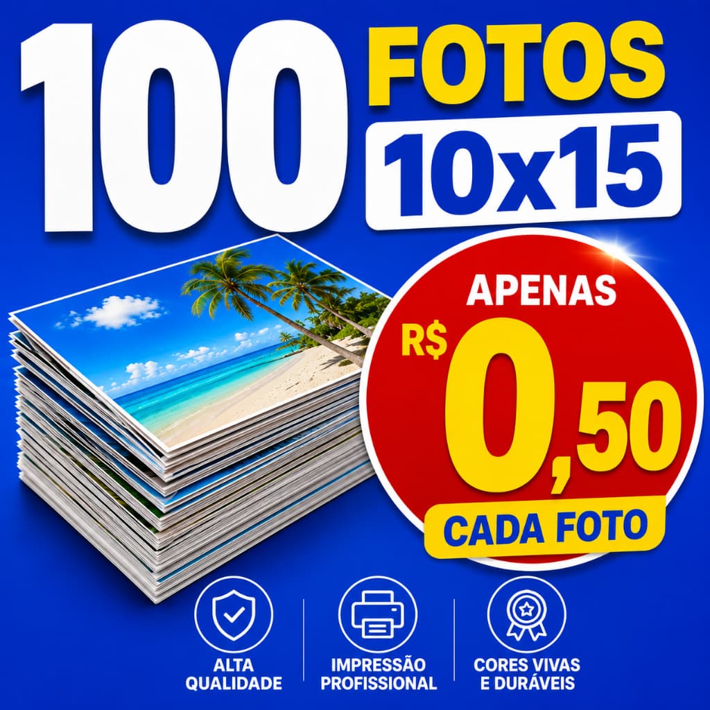 Kit 100 Fotos 10x15 Revelação em Papel Fotográfico Brilhante Premium