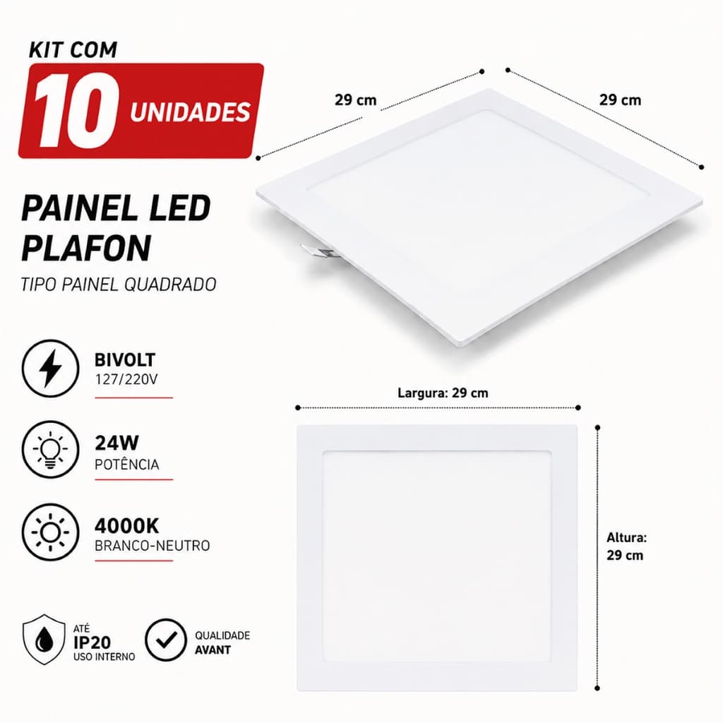 Kit 10 Painéis LED Embutir Avant 24W 29x29 Quadrado Slim Bivolt 4000K Branco Neutro Para Gesso Drywall PVC