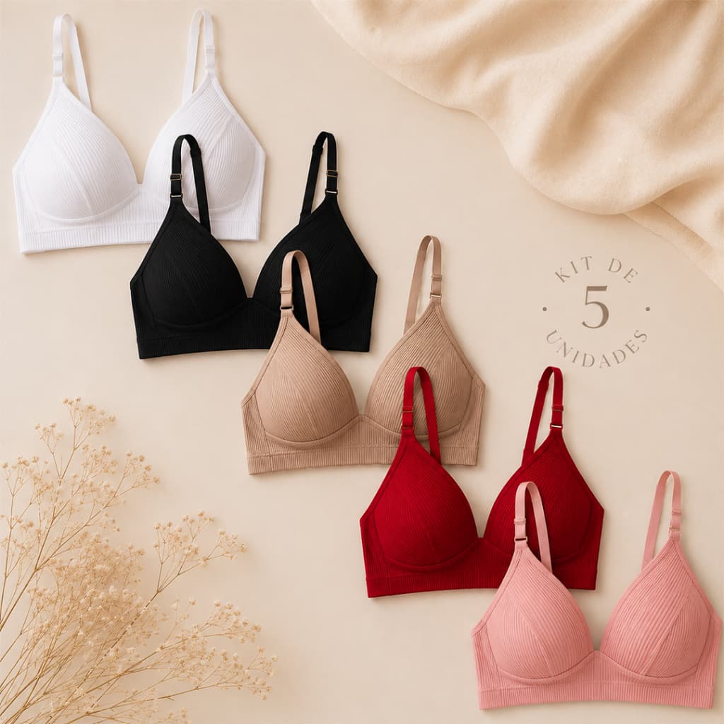 Kit 5 Soutien Feminino Bojo Soft Confort Canelado Sem Aro Ajustável Atacado Dia A Dia Básico Top
