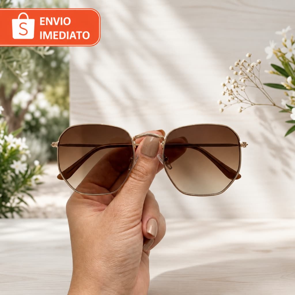 Kit Óculos de Sol Hexagonal Feminino + Case Rígido Metal Armação Dourada Lente Fumê Degradê
