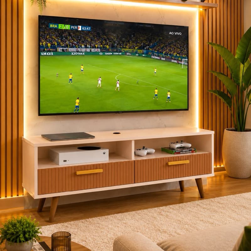 Rack Home Turim Miami 1.10 e 0.90 -  TV até 50” – 2 Portas com Puxador de Madeira e Nicho Decorativo - Sala Gourmet