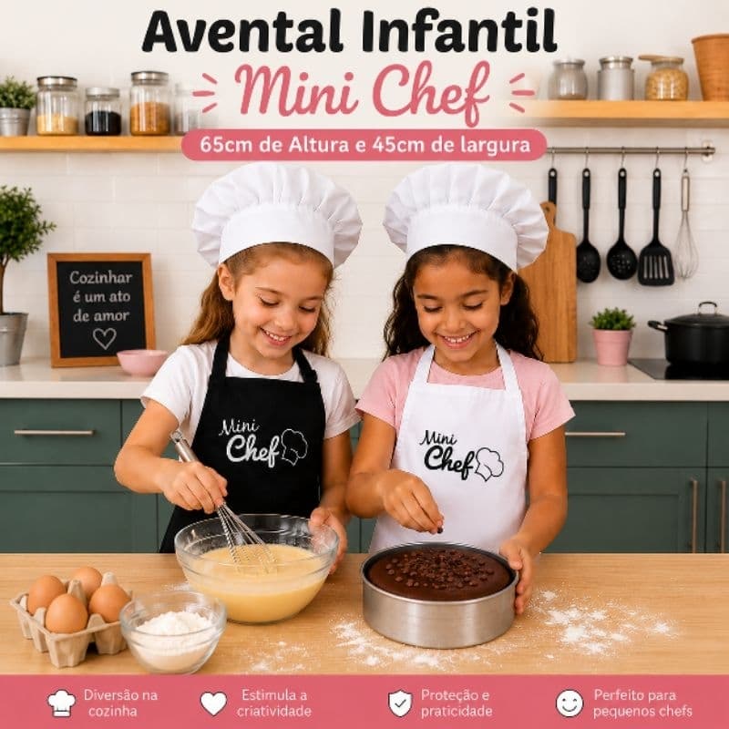 Avental Infantil Mini Chef 65x45cm Branco/Preto Criança Cozinha Pequenos Chefes de Cozinha