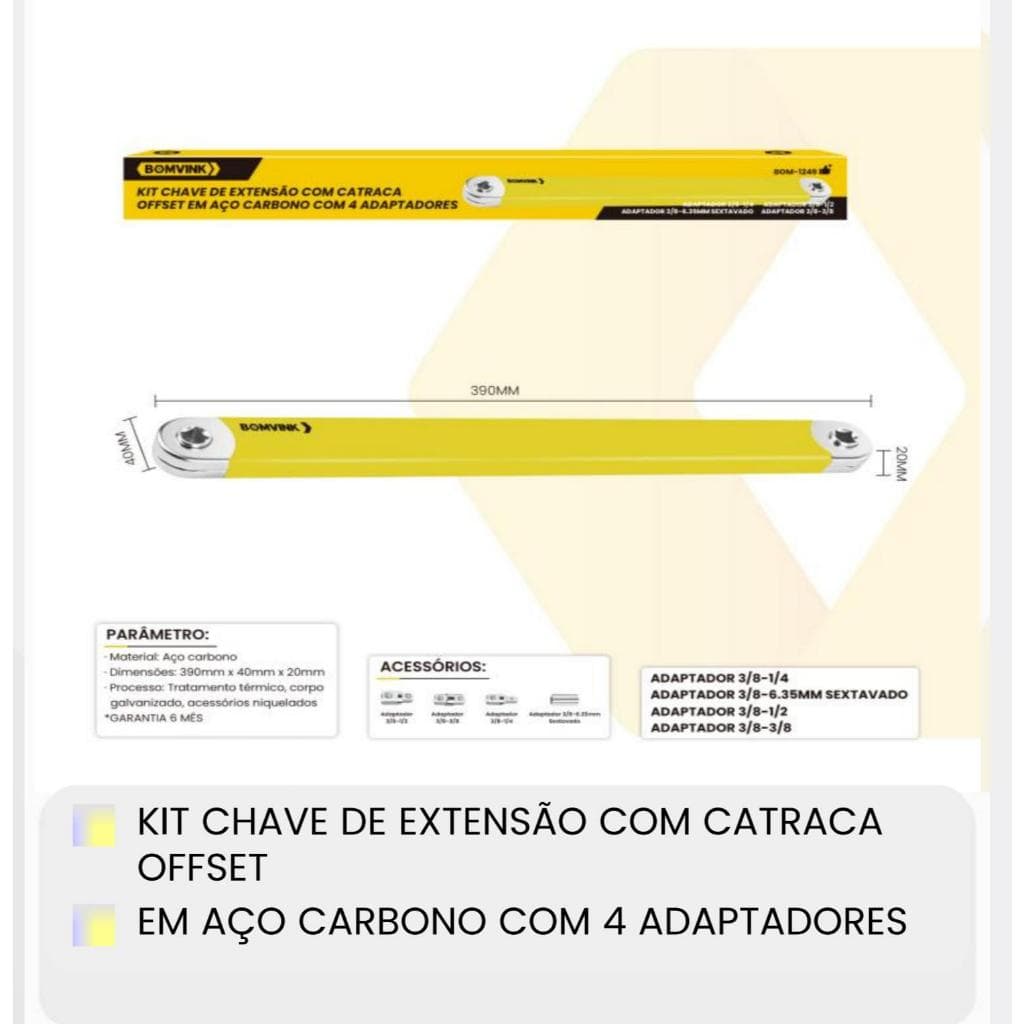 Kit Chave de Extensão com Catraca Offset Aço Carbono 4 Adaptadores