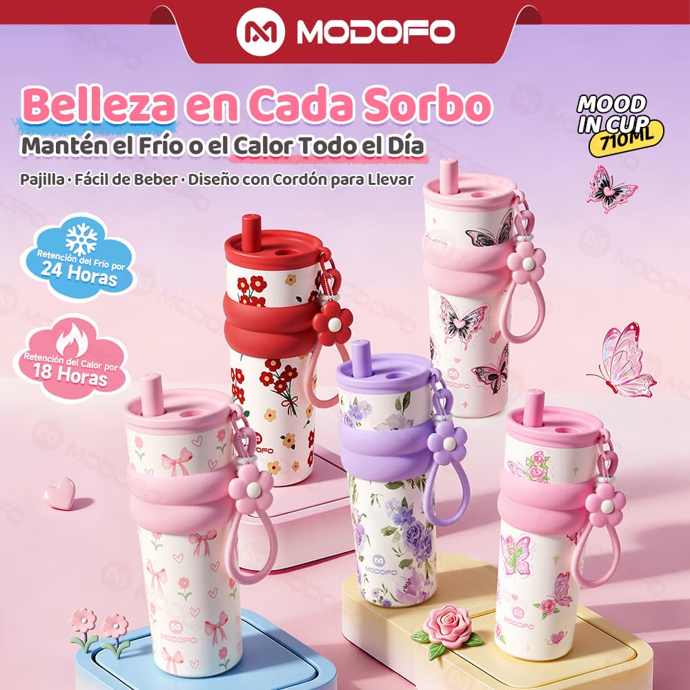 MODOFO Garrafa térmica de água 710ml grande Copo Termico De Agua Com Canudo Infusor de Chá e Alça