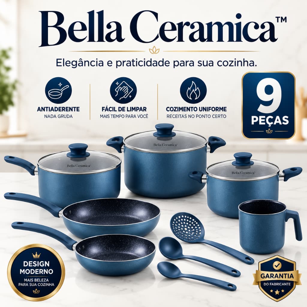 Jogo de Panelas Antiaderente 9 Peças Bella Ceramica Azul Alumínio com Tampas de Vidro Kit Completo