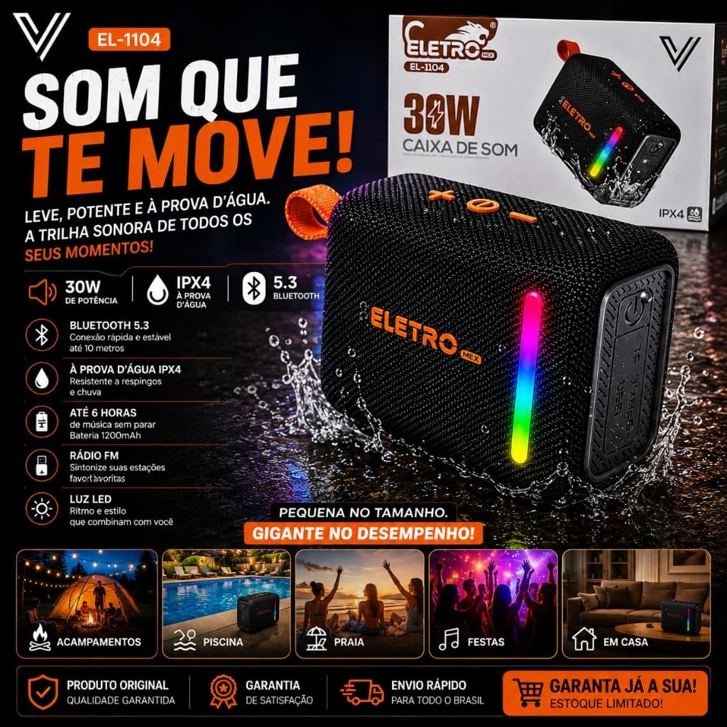 Caixa de Som Bluetooth 30W Potente Prova D'água Portátil LED RGB Piscina Praia Festa Sem Fio Recarregável