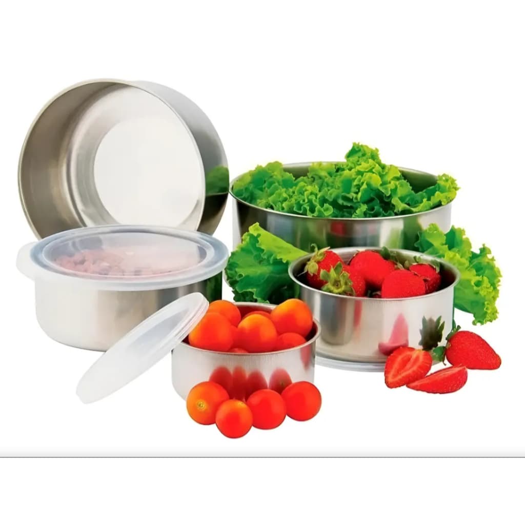 Conjunto 5 Potes Hermeticos Armazenamento Alimentos Inox Tampa Vedacao