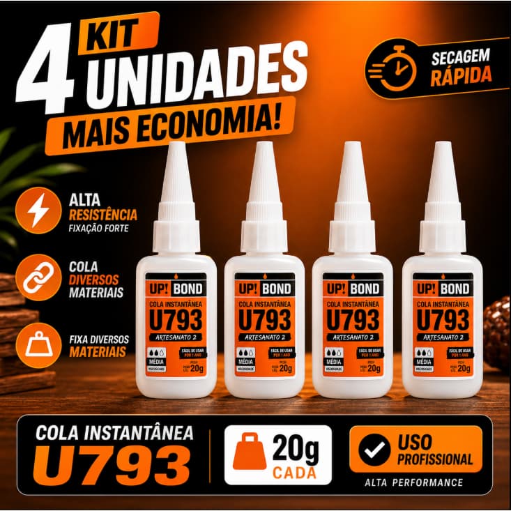 Kit Cola Instantânea Up Bond U793 20g Multiuso Artesanato Madeira Plástico Porcelana Couro Borracha