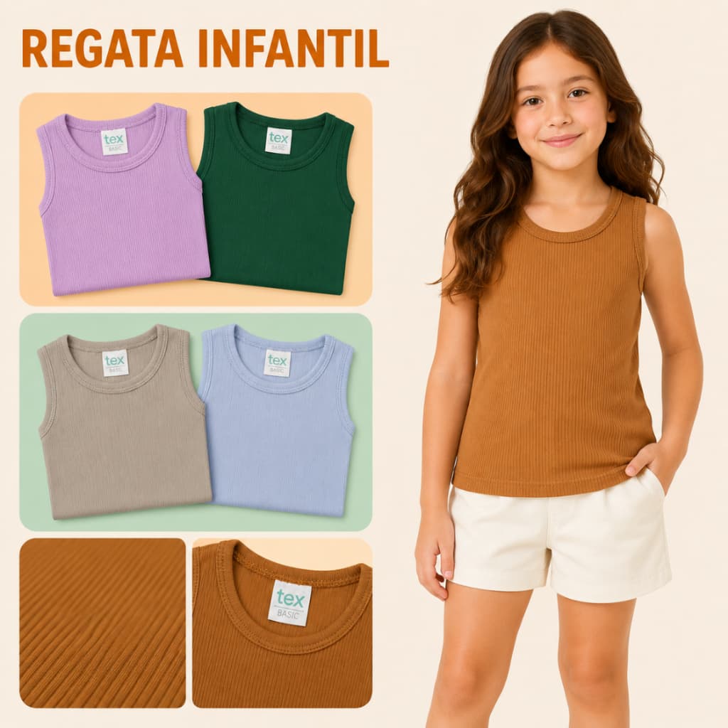 KIT 3 REGATAS INFANTIL CANELADA FEMININA PREMIUM MENINAS 1 AO 10 ANOS