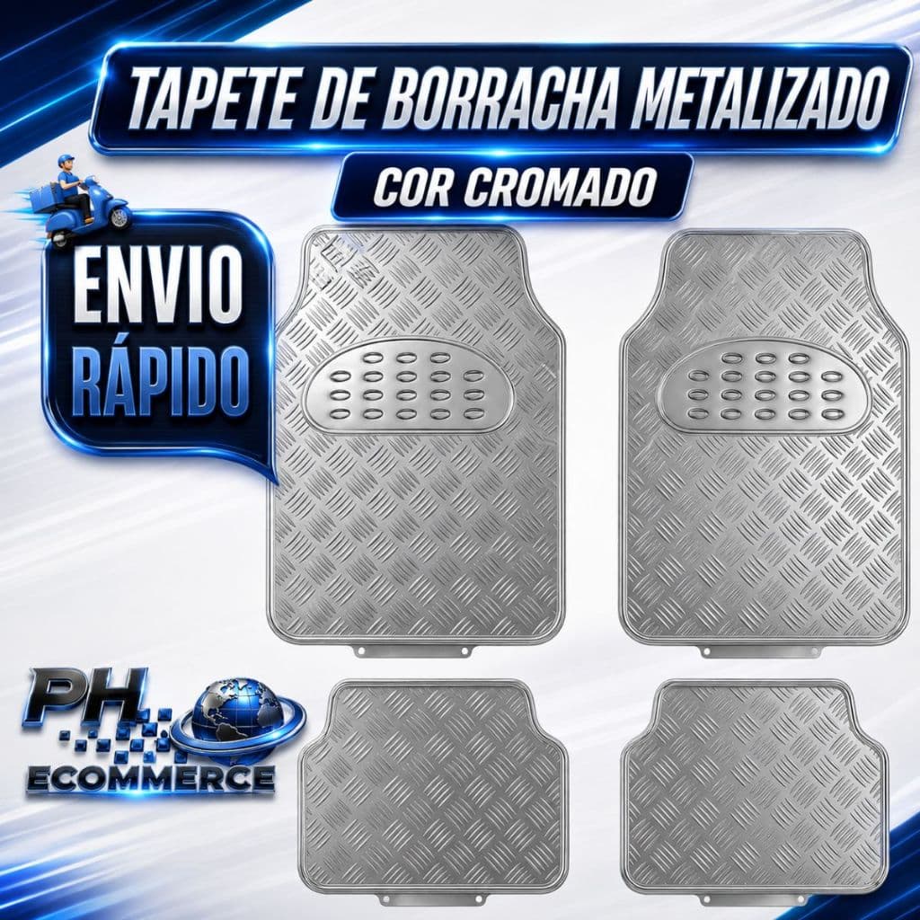 Jogo Tapete Automotivo Borracha Metalizado Cromado Universal Jogo 4 Peças Antiderrapante Resistente Carro Universal