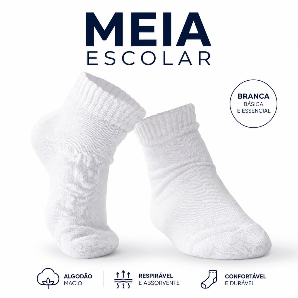 Kit Meia Infantil Escolar Unissex Cano Médio Algodão Branco e Preto Menino Menina