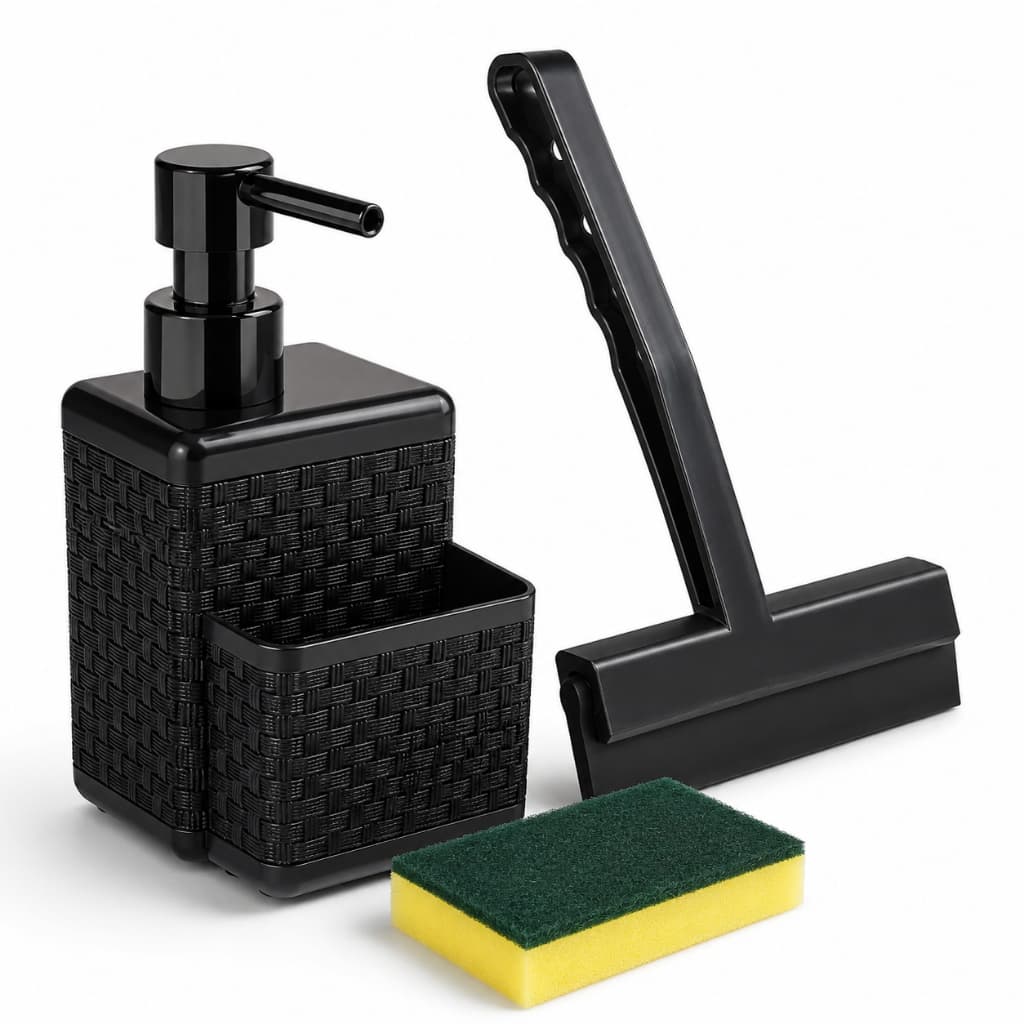 Kit Dispenser Detergente Porta Esponja + Rodo de Pia Bancada Cozinha Organizador Limpeza Premium Escorredor Secador Mult