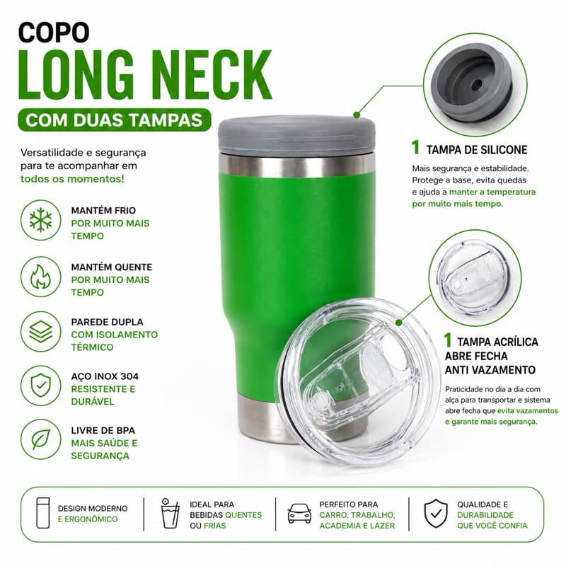Copo termico porta long neck Conserva Gelado com duas tampas e abridor 420ml