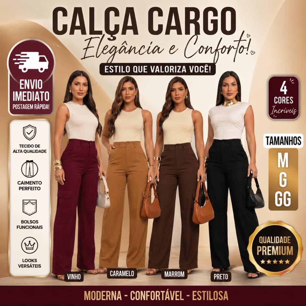 Calça Cargo Feminina Premium Wide Leg Bolso Cargo Moderna Confortável M ao GG