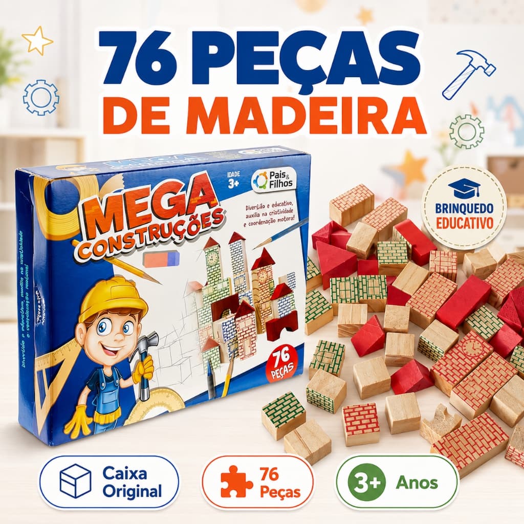 Blocos de Montar Madeira 76 Peças Mega Construções Infantil Educativo Pais e Filhos