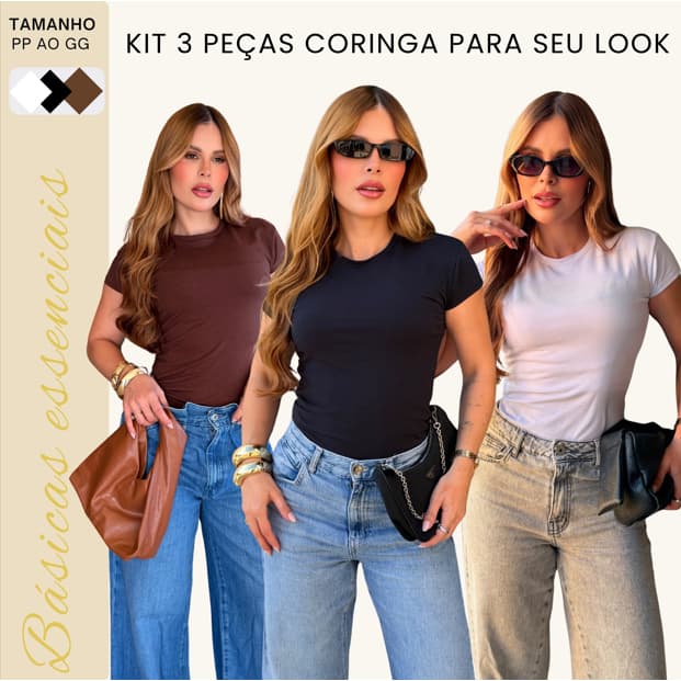 Kit 3 Blusas Básicas Femininas Gola Redonda Manga Curta Tecido Confortável Casual Premium.