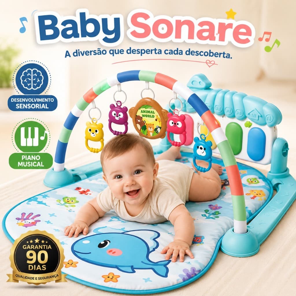 Tapete de Atividades Bebê Musical com Piano Interativo Ginásio Infantil Sensorial Educativo Macio Azul
