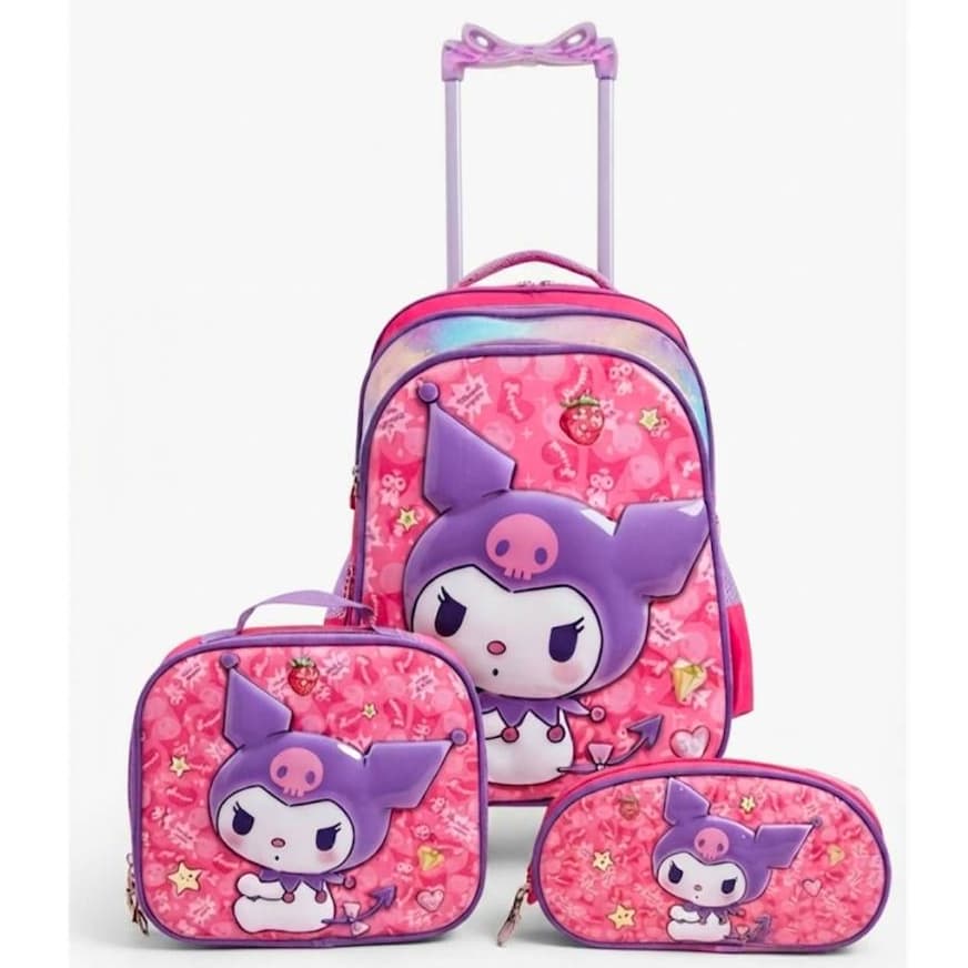 Kit Mochila Escolar Com Rodinhas 3D Kuromi Menina Reforçada Grande + Lancheira Térmica + Estojo