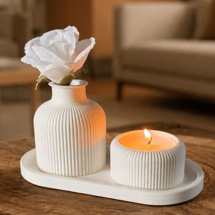 Kit Decorativo Minimalista Vaso com Bandeja e Porta Vela Impressão 3D Decoração Elegante Casa
