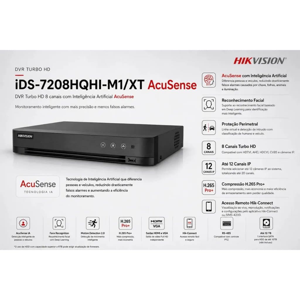 DVR 8 Canais Híbrido Hikvision AcuSense [iDS-7208HQHI-M1-XT] com HD 4TB WD PURPLE 3.5  e aceita câmeras ANALÓGICAS de 5M