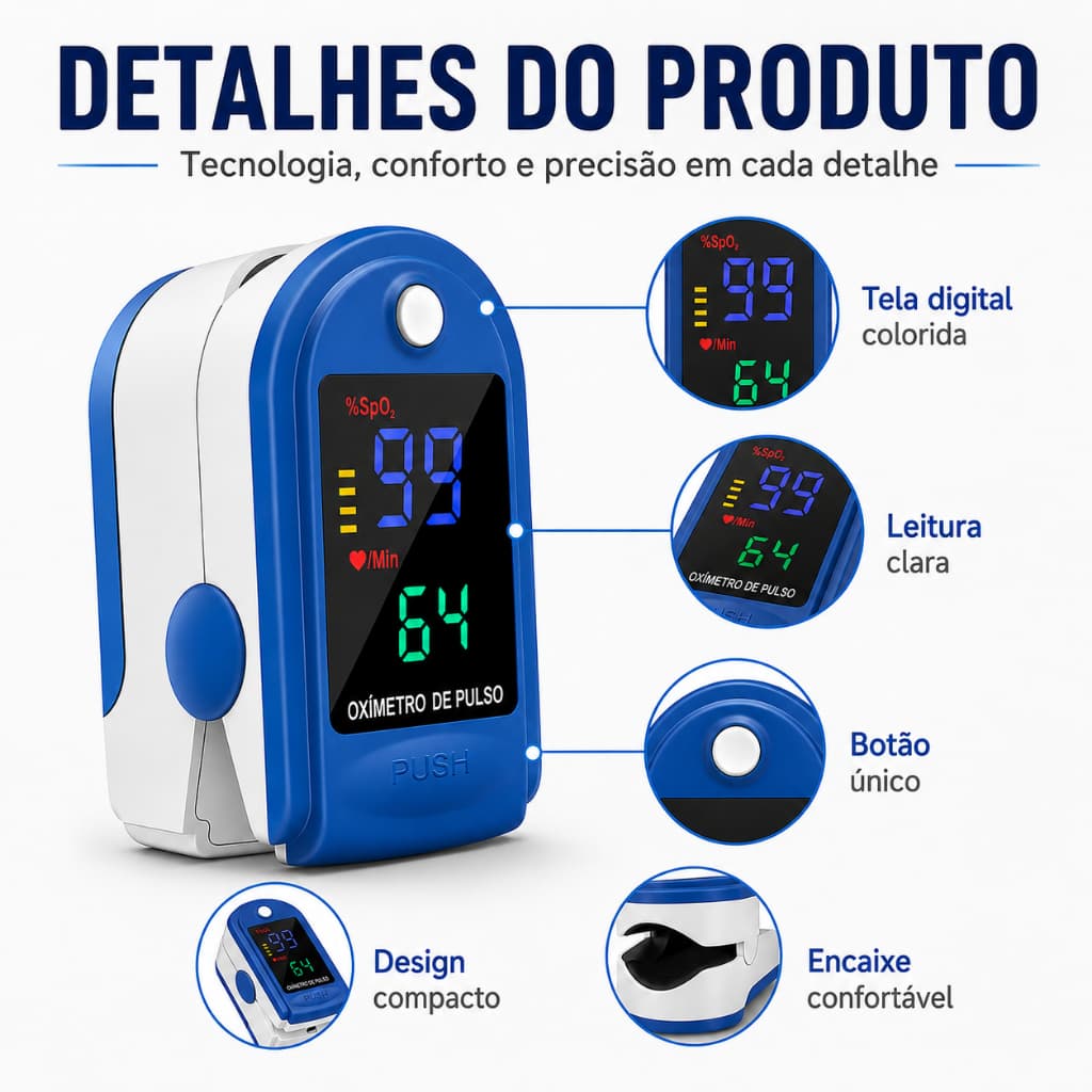 Oximetro De Dedo Digital Portatil Medidor Oxigenio SpO2 Saturacao Batimentos Frequencia Cardiaca Tela LED Pulso Adulto