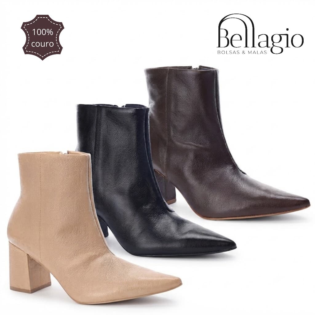 Bota Feminina Couro Legítimo Cano Curto Salto Bloco Bico Fino Elegante Marrom Preto Inverno