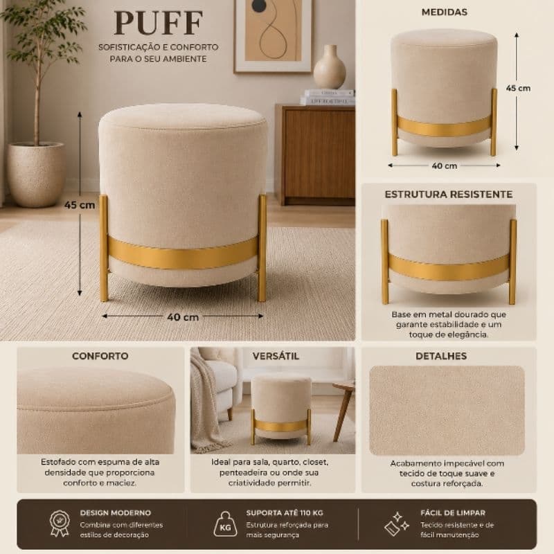 Puff Decorativo Sala  Quarto Jade Redondo com base metálica Dourada