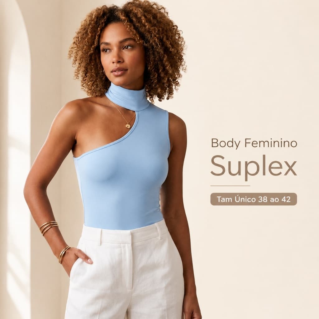 Body Feminino Um Ombro Gola Alta Suplex Azul Bebê Tam Único 38 ao 42 Casual Elegante Envio Imediato