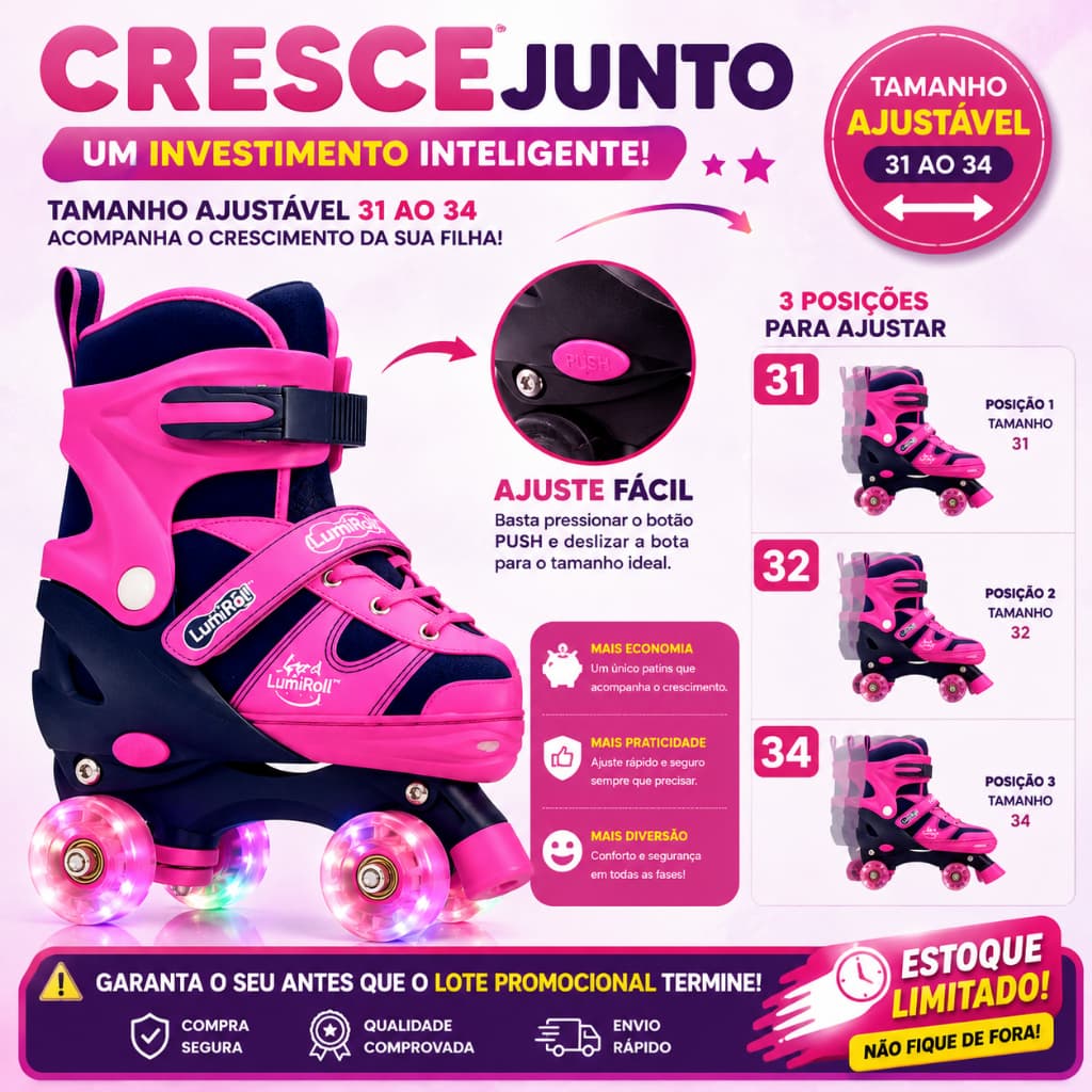 Patins Infantil Rosa Quatro Rodas Led Rodinhas Iluminadas Tamanho Ajustavel 31 A 34 Diversao Segura