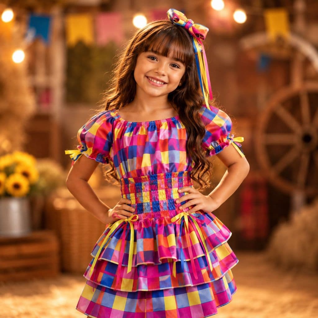 Vestido Caipira Xadrez Infantil Festa Caipira Lastex Rosa Feminina