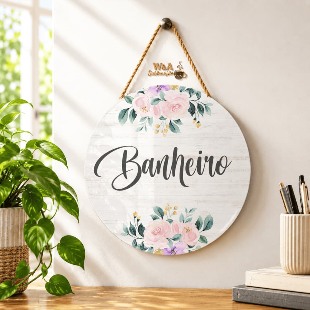 Decoração Casa Placa Decorativa Porta de Banheiro MDF 20cm Corda Sisal Lavabo Toalet
