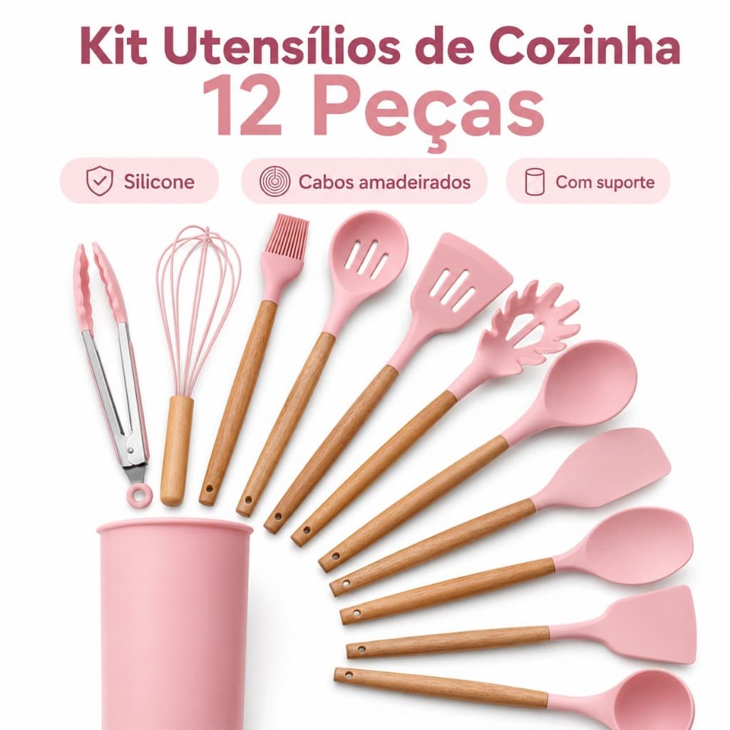 KIT de Utensílios Para Cozinha em Silicone e Bambu 12 Peças