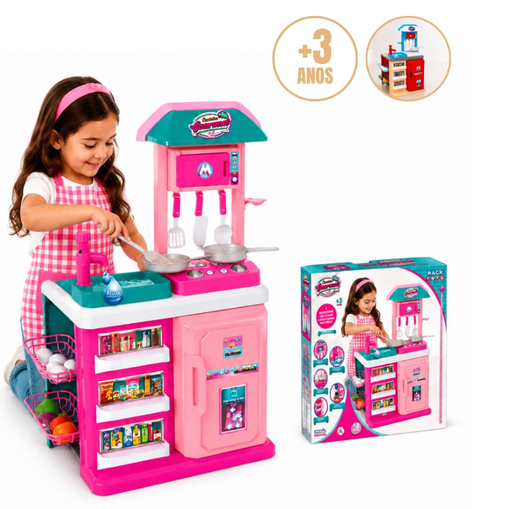 Cozinha Infantil Completa Gourmet Magic Toys Acessórios Geladeira fogão microondas torneira Saí Agua