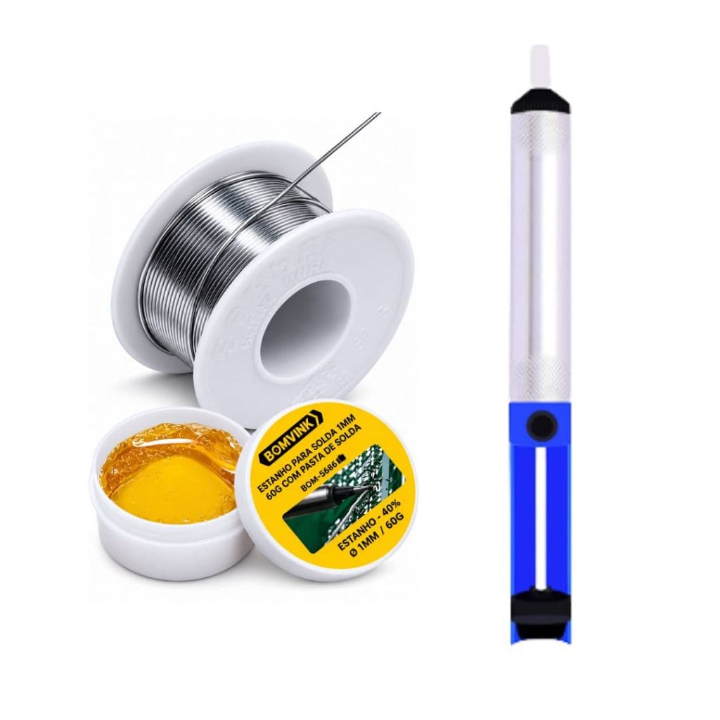 Kit Profissional Solda Estanho 60g + Pasta 10g + Sugador