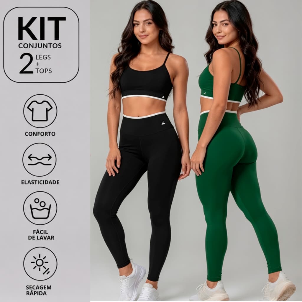 Kit 2 Conjuntos Feminino Academia Top Alçca 2 Cores + Calça Legging Zero Transparência Blackout Corrida Treino Roupa Esp